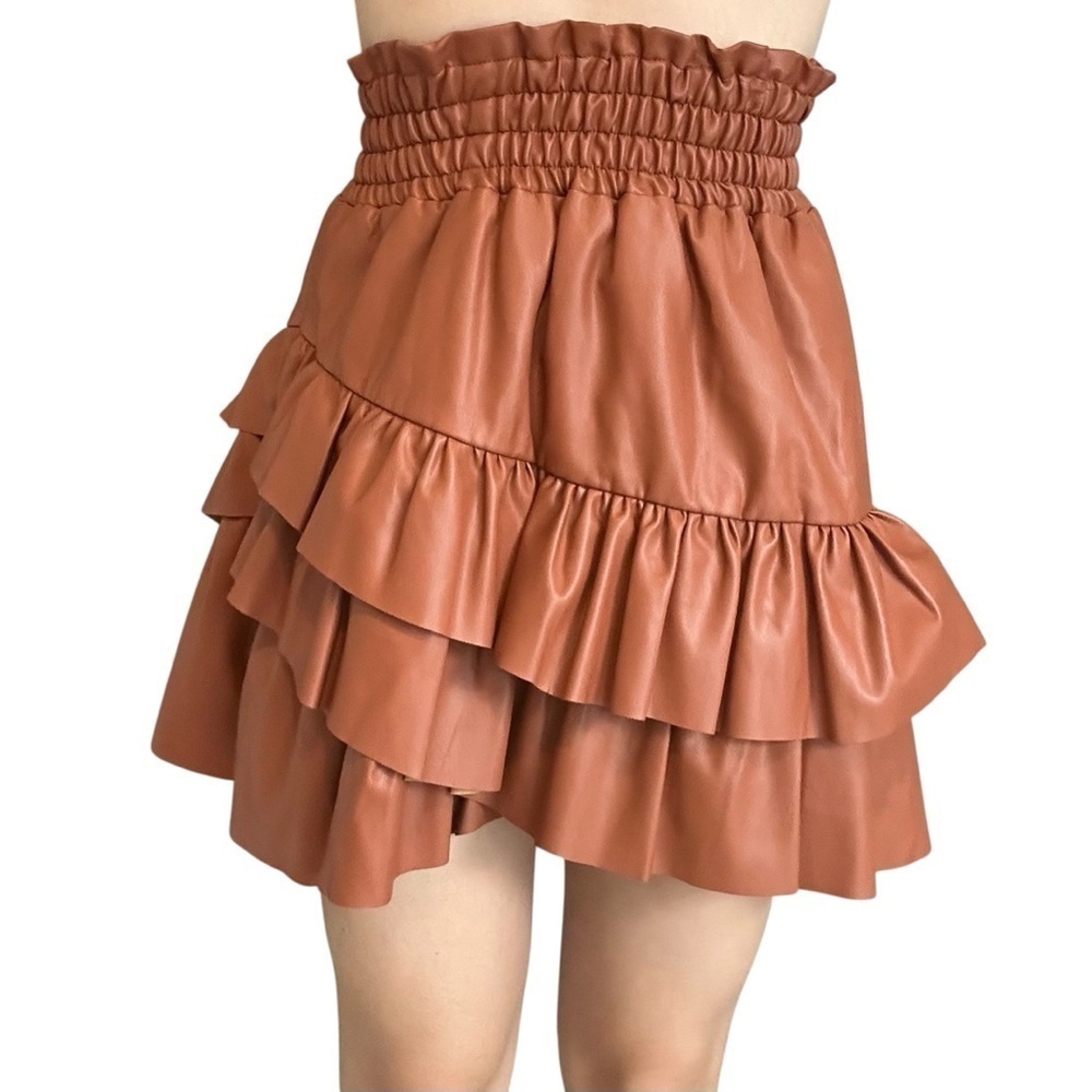 The Shirt by Rochelle Berens Mini Skirt Vegan Leather Brown Ruffle Size Small